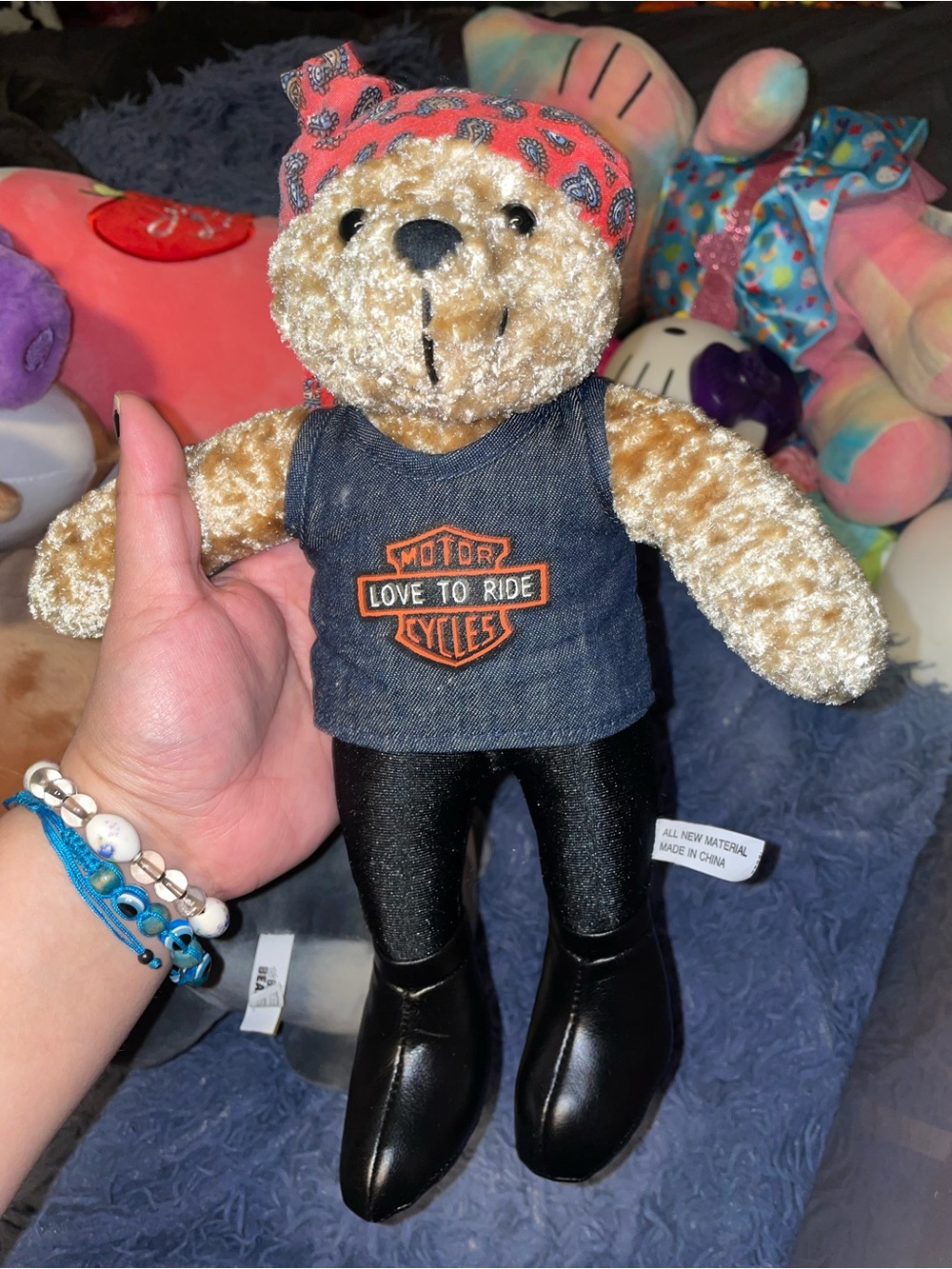 Love to Ride Plush Bear in Tan with Denim Vest